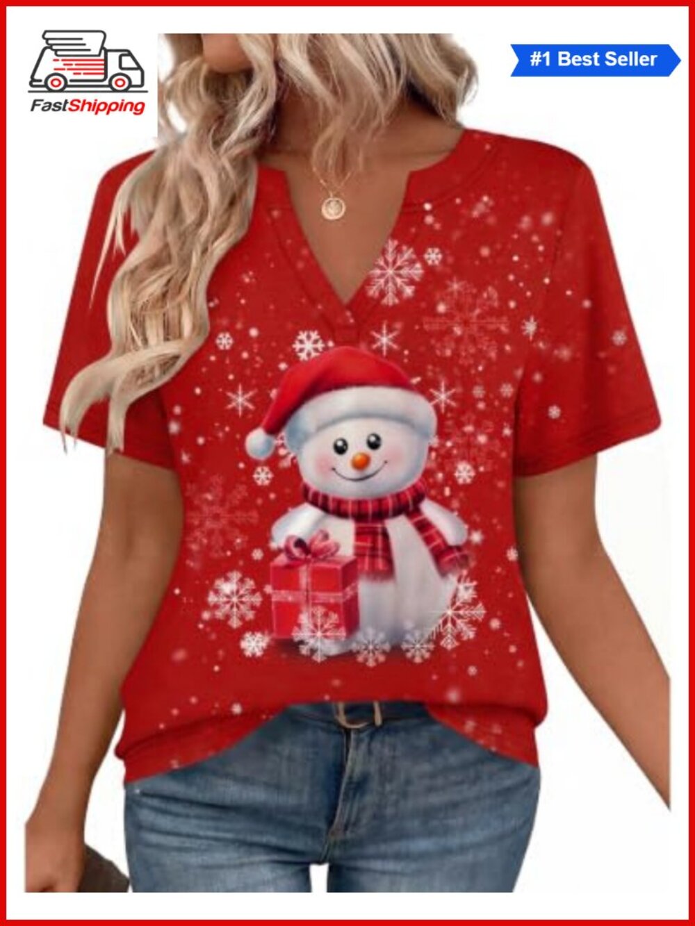🎅 Zeagoo Womens Christmas Snowman Tunic Top V Neck Short Sleeve High Low